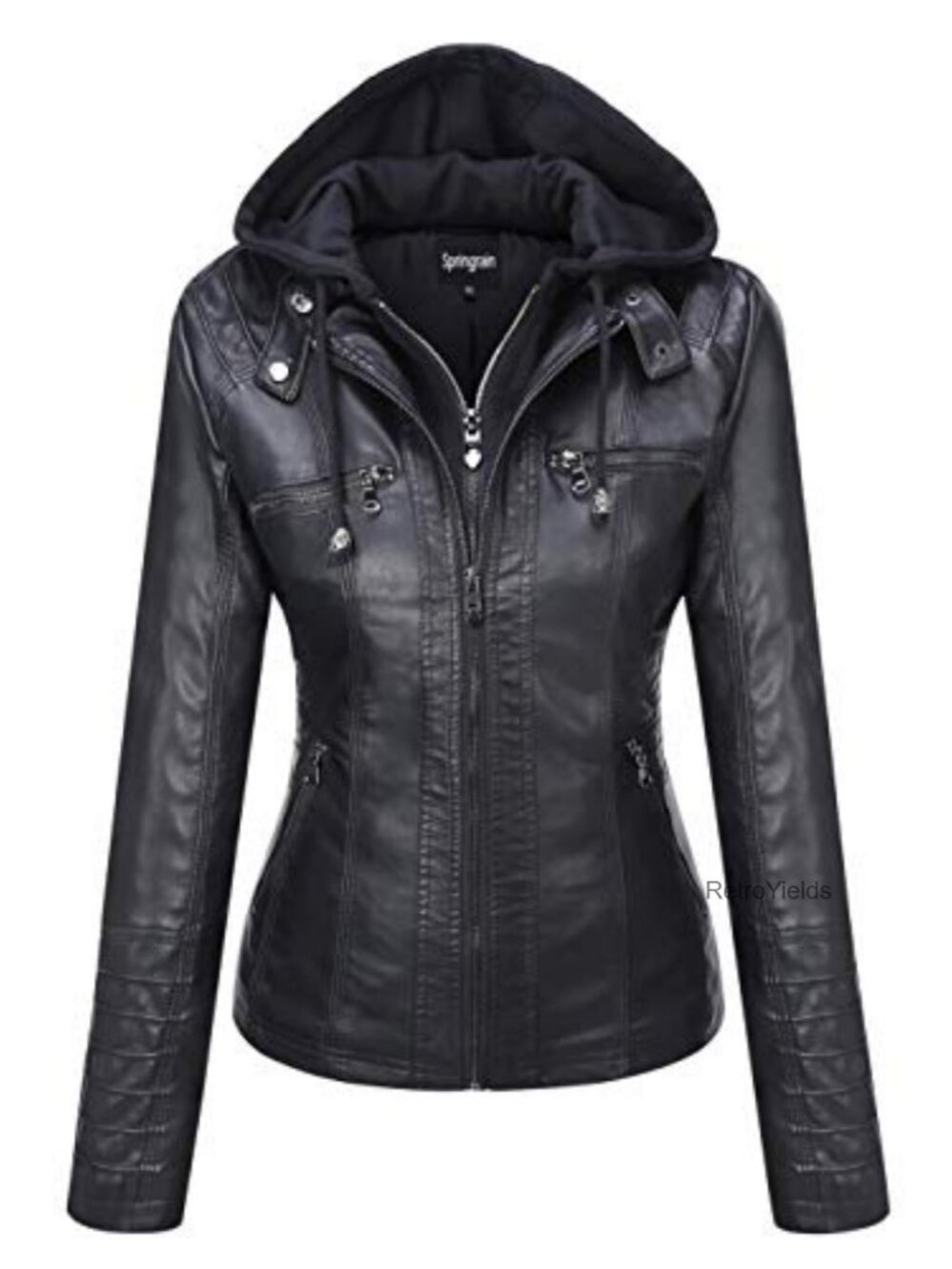Faux Leather Moto Biker Jacket Hooded Zip Front Coat